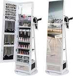 360° drejelig smykkearmoireskab med spejl i fuld længde, fritstående smykkespejl med LED og holder til hårtørrer