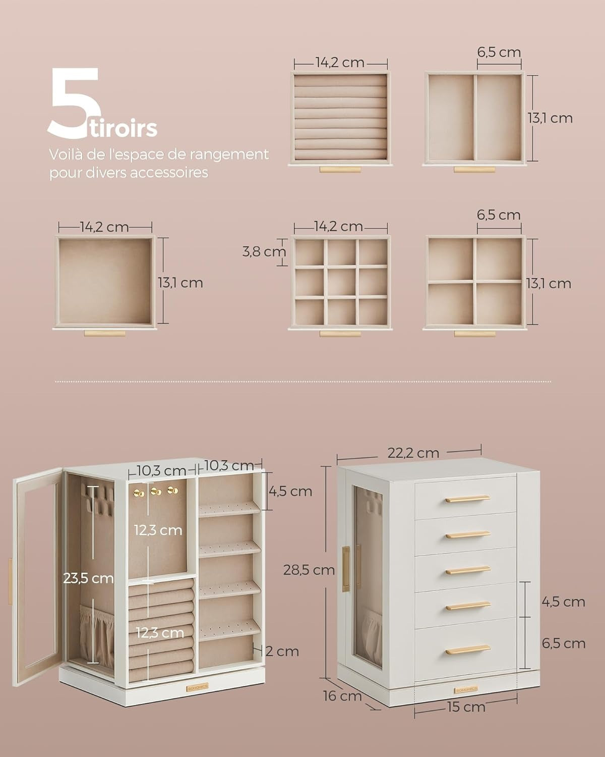 360° Roterende smykkeskrin, smykkeskrin med 5 skuffer